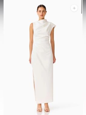 Elliatt coralie white sateen high neckline draped slit detail maxi dress medium